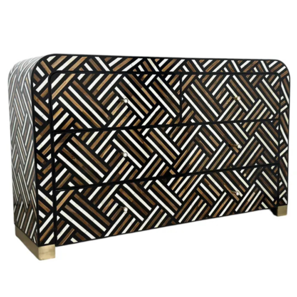 3 Bone Inlay Dresser | Brown Geometric Chest of Drawers | Rattan Basketweave Accent | Modern Luxury Storage