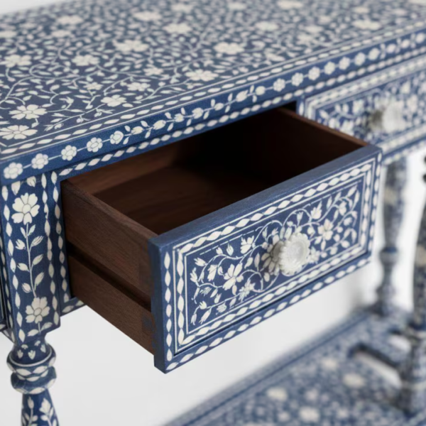 Handmade Blue Bone Inlay Console Table | Floral Hall Table, Indian Art