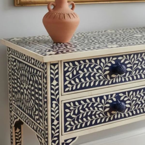 4 Handcrafted Bone Inlay Desk: Floral Elegance, 4-Drawer Console Table
