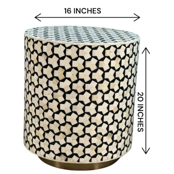 4 Bone Inlay Drum Side Table: Handmade Black & White Geometric Accent Table