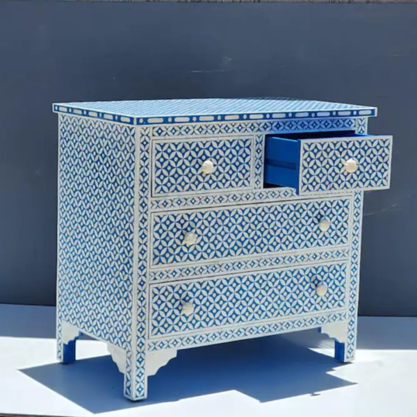 4 Bone Inlay Chest of Drawers: Blue Geometric Accent Furniture