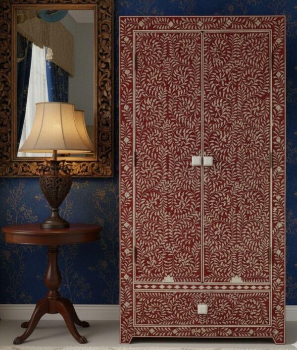 4 Handmade Blue Bone Inlay Armoire: Floral Wardrobe Cabinet