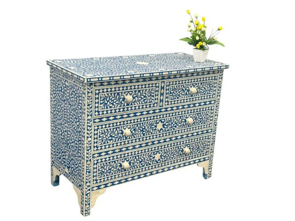 4 Royal Blue Floral Bone Inlay Dresser: Handcrafted Indian Chest