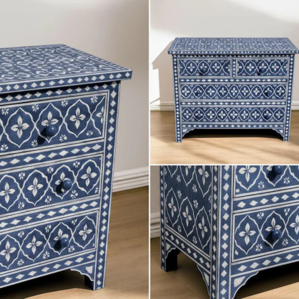 Handmade Bone Inlay Chest of Drawers: Blue Floral Dresser