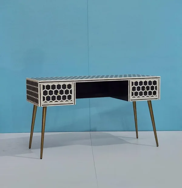 4 Handmade Bone Inlay Study / Console Desk – Modern Hexagon Design with Brass Legs