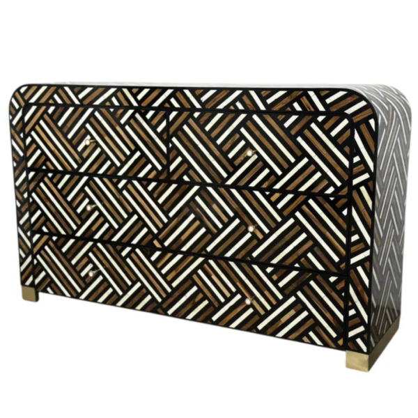 4 Bone Inlay Dresser | Brown Geometric Chest of Drawers | Rattan Basketweave Accent | Modern Luxury Storage