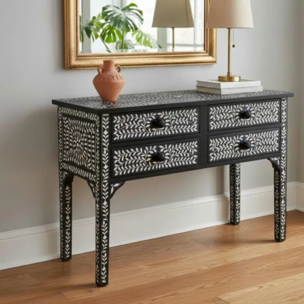 7 Handcrafted Bone Inlay Desk: Floral Elegance, 4-Drawer Console Table